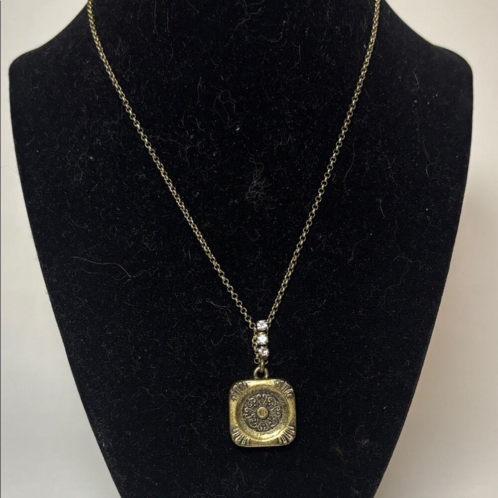 Fossil Brass Tone Intricate Decorative Square Pendant Necklace 16” with ext